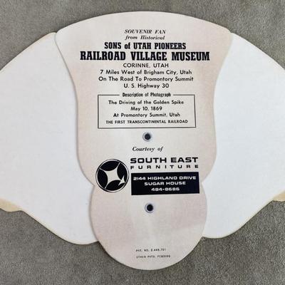 GOLDEN SPIKE RAILROAD PHOTO SONS of UTAH PIONEERS RAILROAD VILLAGE SOUVENIR FAN