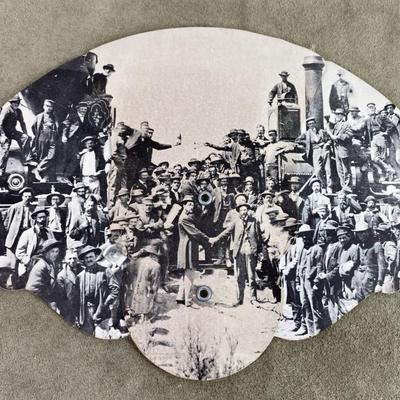 GOLDEN SPIKE RAILROAD PHOTO SONS of UTAH PIONEERS RAILROAD VILLAGE SOUVENIR FAN