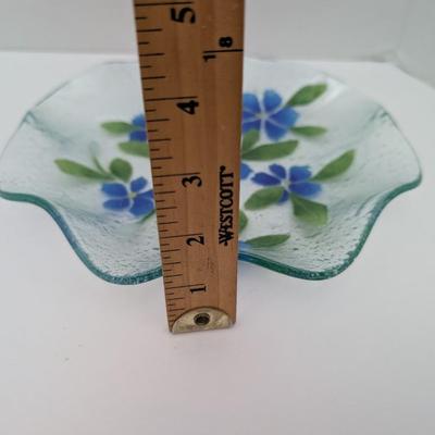 Sydensyryker Fused Glass Bowl Blue Flowers and Green Leaves Art Glass Dish
