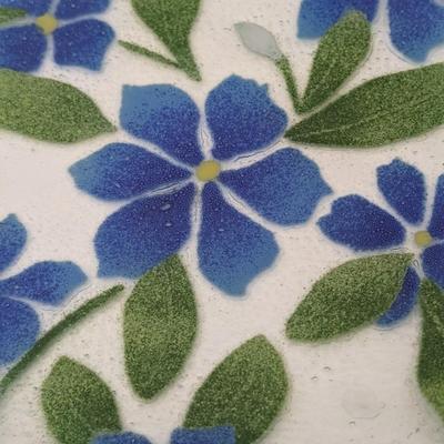 Sydensyryker Fused Glass Bowl Blue Flowers and Green Leaves Art Glass Dish