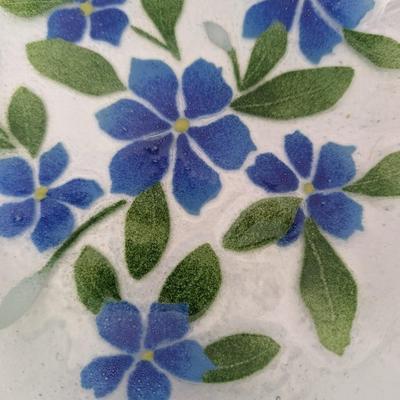 Sydensyryker Fused Glass Bowl Blue Flowers and Green Leaves Art Glass Dish