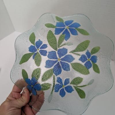 Sydensyryker Fused Glass Bowl Blue Flowers and Green Leaves Art Glass Dish