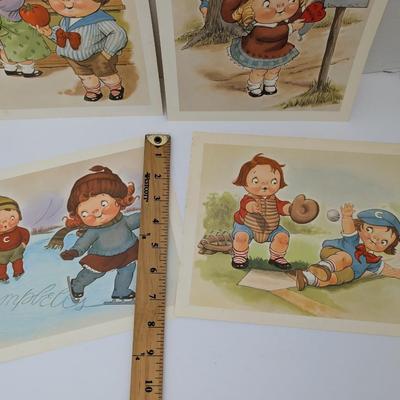 Set of 4 Vintage Campbell’s Kids Art Prints Baseball Skating Valentine School Tomato Theme