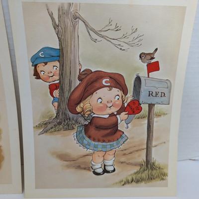 Set of 4 Vintage Campbell’s Kids Art Prints Baseball Skating Valentine School Tomato Theme