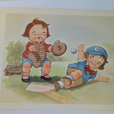 Set of 4 Vintage Campbell’s Kids Art Prints Baseball Skating Valentine School Tomato Theme