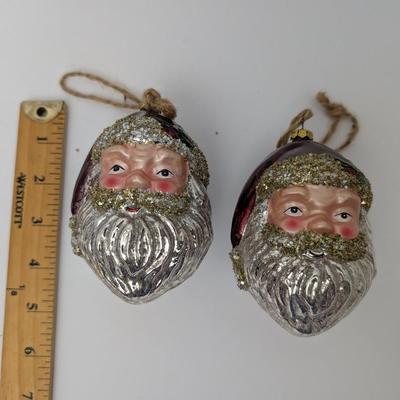 Set Of 2 Vintage Style Glass Santa Head Christmas Ornaments With Glitter Accents