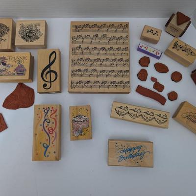 Lot Rubber Stamps Wood Mounted Crafting Music Birthday Anniversary Borders Designs