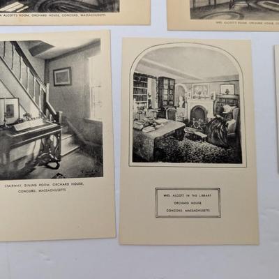 Collection of 8 vintage black and white postcards featuring Orchard House in Concord, Massachusetts