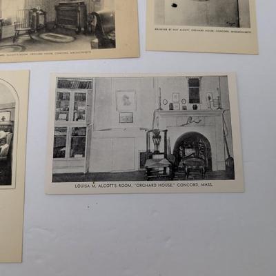 Collection of 8 vintage black and white postcards featuring Orchard House in Concord, Massachusetts