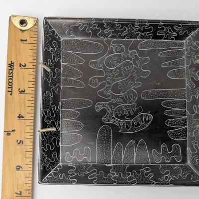 Vintage Hand Etched Black Ceramic Square Plate Abstract Tribal Style Design