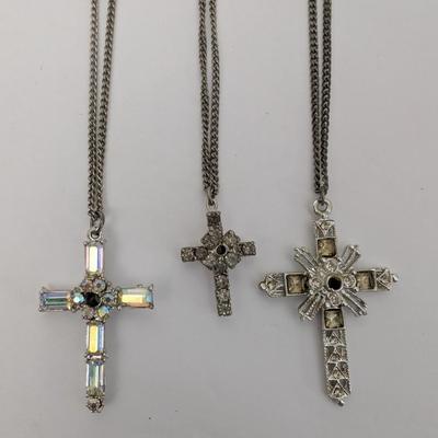 Vintage Rhinestone Cross Necklace Lot of 3 Silver Tone Aurora Borealis and Clear Stones