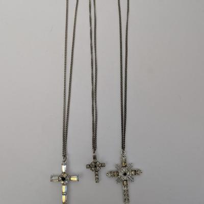 Vintage Rhinestone Cross Necklace Lot of 3 Silver Tone Aurora Borealis and Clear Stones