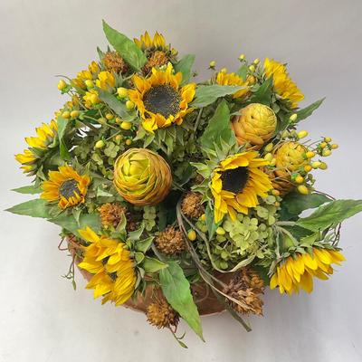 111 Large Antique Copper Bowl Sunflower Floral Arrangement