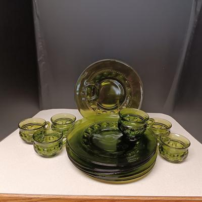 KING'S CROWN THUMBPRINT SNACK SET BY INDIANA GLASS CO