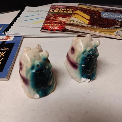 1935 CHALKWARE AND LEFTON SHAKERS, COOKBOOKS & CAST IRON MATCH HOLDER