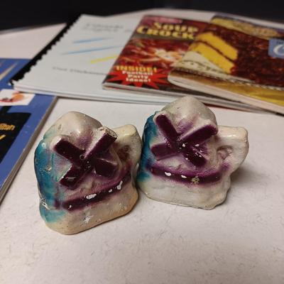 1935 CHALKWARE AND LEFTON SHAKERS, COOKBOOKS & CAST IRON MATCH HOLDER