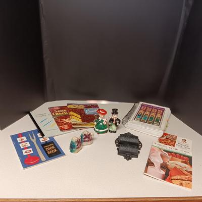 1935 CHALKWARE AND LEFTON SHAKERS, COOKBOOKS & CAST IRON MATCH HOLDER