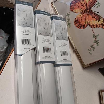 3 ROLLS OF WINDOW FILM, 4 FRAMED CLOTH BUTTERFLY PICTURES AND SILK SWAG