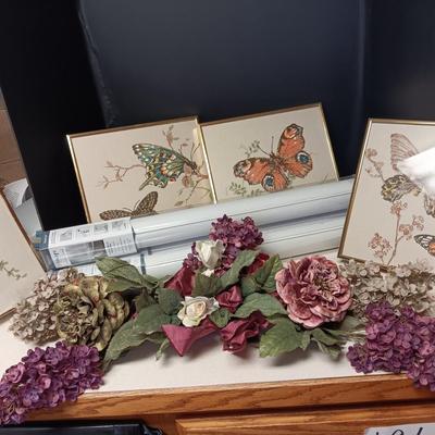 3 ROLLS OF WINDOW FILM, 4 FRAMED CLOTH BUTTERFLY PICTURES AND SILK SWAG