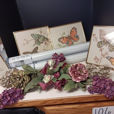 3 ROLLS OF WINDOW FILM, 4 FRAMED CLOTH BUTTERFLY PICTURES AND SILK SWAG