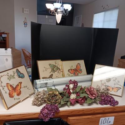 3 ROLLS OF WINDOW FILM, 4 FRAMED CLOTH BUTTERFLY PICTURES AND SILK SWAG