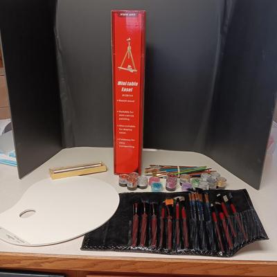 MINI TABLE EASEL, PAINT BRUSHES, PAINT, ART ON CANVAS AND MORE