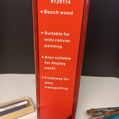 MINI TABLE EASEL, PAINT BRUSHES, PAINT, ART ON CANVAS AND MORE