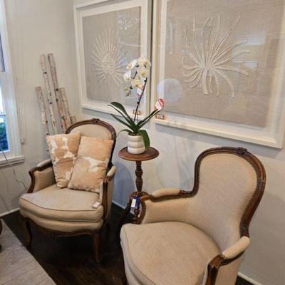 Antique beregeres in fruitwood with nailhed fabric and french box check fabric 