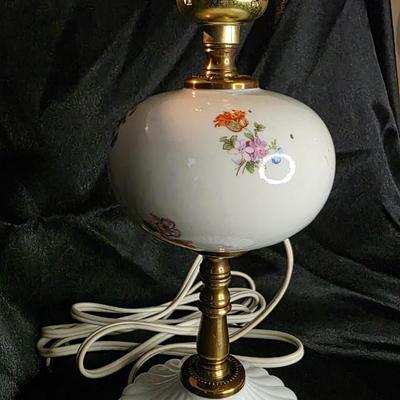 Vintage Hand-Painted Floral Boudoir Lamp with Milk Glass Base & Brass Detail – 1930s Vanity Lighting Elegance