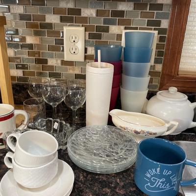 Cups, stemware, napkin, holder and more