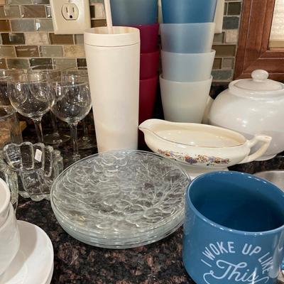 Cups, stemware, napkin, holder and more