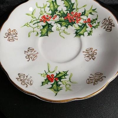 Queen Anne “Yuletide” Fine Bone China Teacup & Saucer – England, 1950s Holiday Holly & Bells Pattern