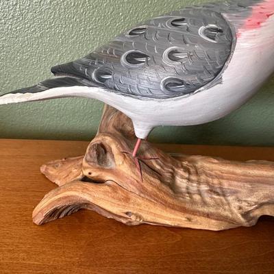 Hand-Painted Carved Wood Dove on Driftwood Perch