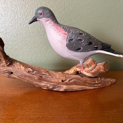 Hand-Painted Carved Wood Dove on Driftwood Perch