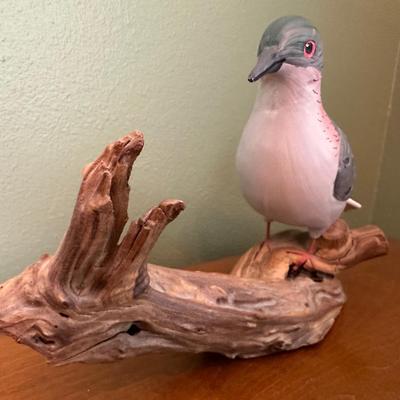 Hand-Painted Carved Wood Dove on Driftwood Perch