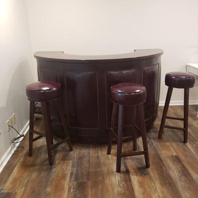 Half Moon Leather and Wood Bar W/ Three Stools (BLR-KD)