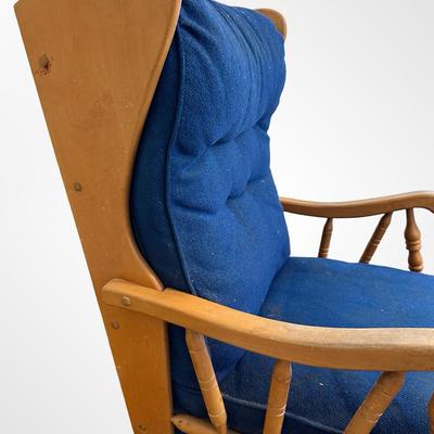 Vintage Wooden Glider Rocking Chair with Blue Upholstery
