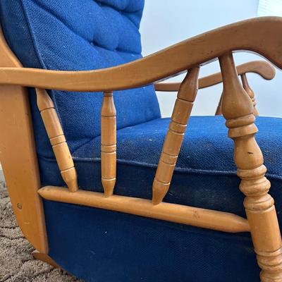 Vintage Wooden Glider Rocking Chair with Blue Upholstery