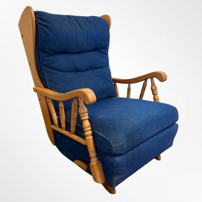 Vintage Wooden Glider Rocking Chair with Blue Upholstery