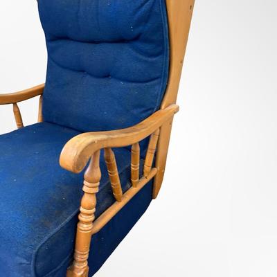 Vintage Wooden Glider Rocking Chair with Blue Upholstery