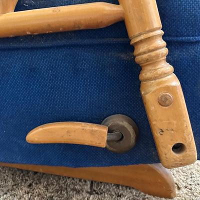 Vintage Wooden Glider Rocking Chair with Blue Upholstery