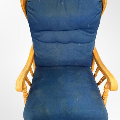 Vintage Wooden Glider Rocking Chair with Blue Upholstery