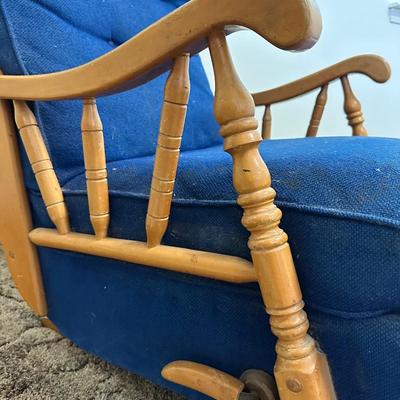Vintage Wooden Glider Rocking Chair with Blue Upholstery