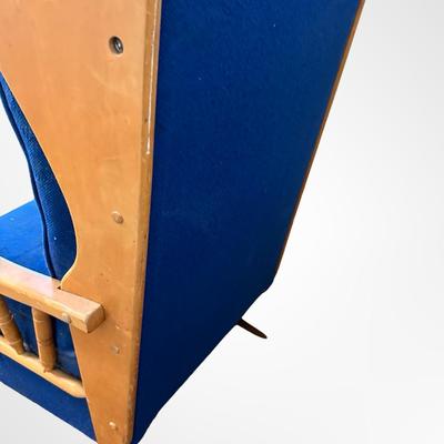 Vintage Wooden Glider Rocking Chair with Blue Upholstery