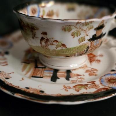 Antique Georgian Chinoiserie Teacup & Saucer — Kepple, Clare Street Bristol (Hand-Painted, Black Rim)