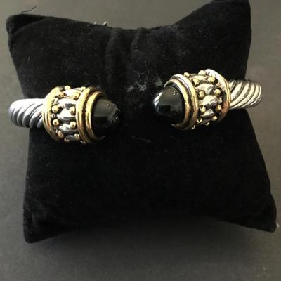 Vintage stainless steel cable bracelet, faux onyx stones