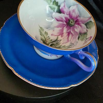 Vintage Royal Sealy Japan Teacup & Saucer Set — Cobalt Blue with Hand-Painted Florals and Gold Trim