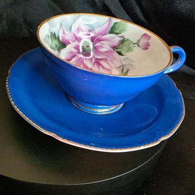 Vintage Royal Sealy Japan Teacup & Saucer Set — Cobalt Blue with Hand-Painted Florals and Gold Trim