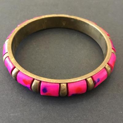 Vintage brass, and pink Lucite type bangle bracelet