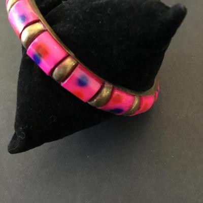 Vintage brass, and pink Lucite type bangle bracelet